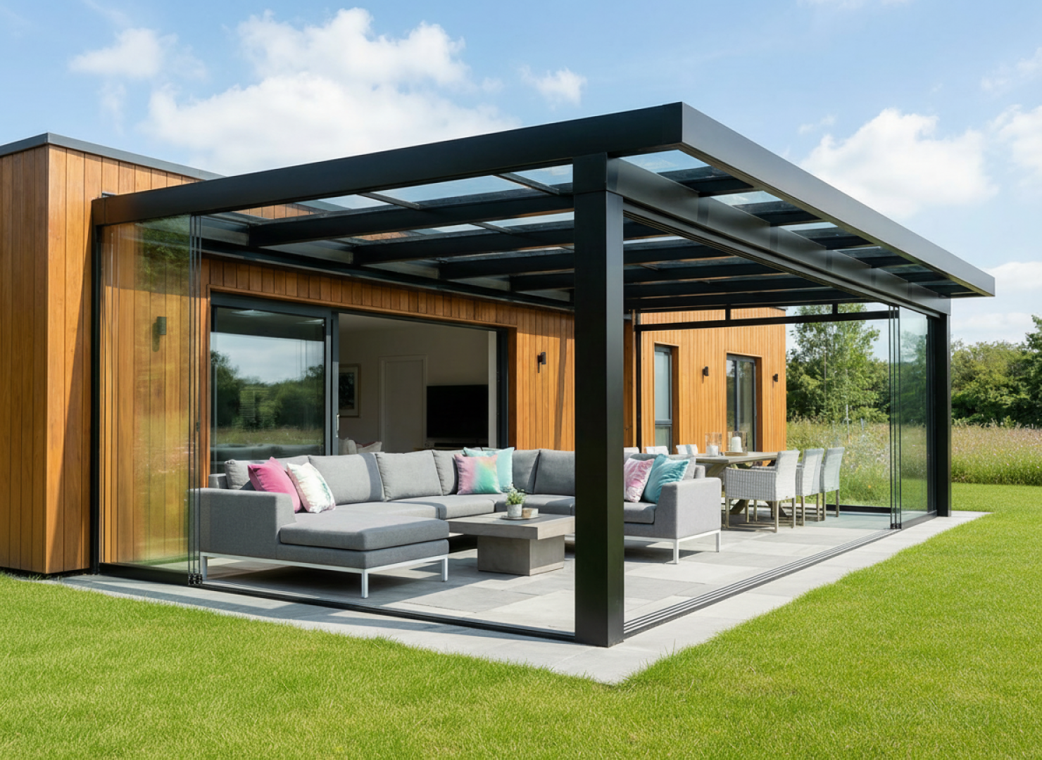 Moderná presklená pergola s čiernou hliníkovou konštrukciou a sivým záhradným nábytkom na terase pri drevenom dome.